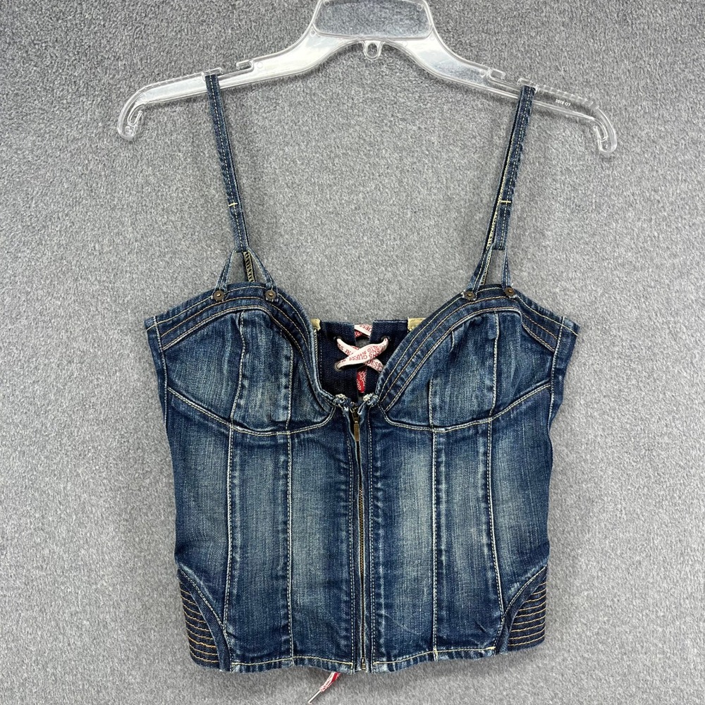 Guess Premium Denim Corset Top Women L Blue Lace Up Zip Front Y2K Moto Biker
